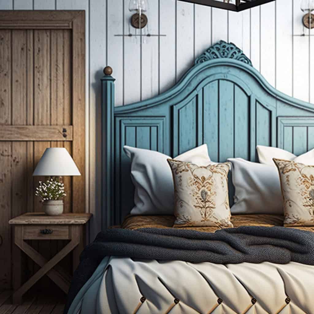 Przedmioty i dekoracje sypialni z niebieskim łóżkiem i drewnianymi elementami, eleganckie tekstylia, przytulna atmosfera w stylu rustykalnym i boho, wysokiej jakości meble i akcesoria.