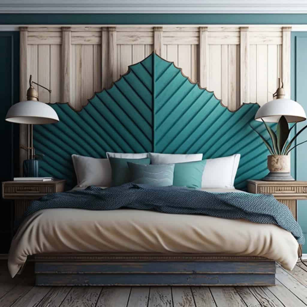Szykowna aranżacja sypialni z dekoracyjną ścianą z drewnianej lameli, eleganckim łóżkiem i lampami, stylowe wnętrze idealne dla optymalnego komfortu i relaksu.