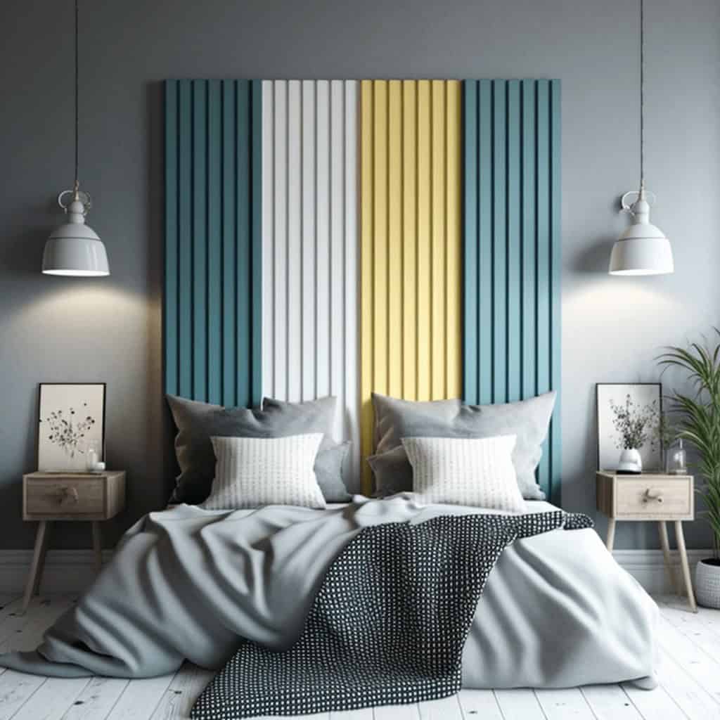 Nowoczesne wnętrze sypialni z dekoracyjną tapetą ścianową w kolorach niebieskim, białym i żółtym, minimalistyczne lampy, drewniane stoliki nocne i przytulne pościele.