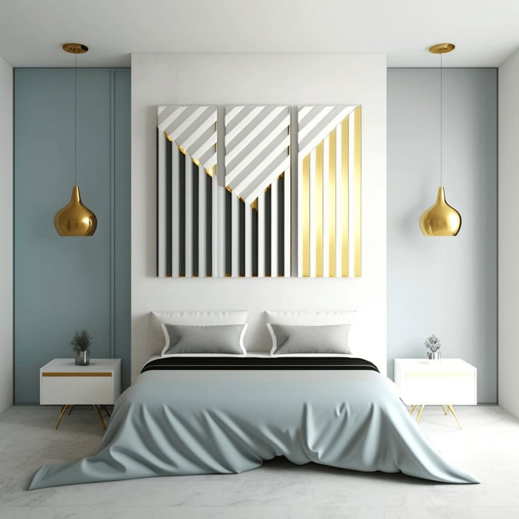 Nowoczesna sypialnia z minimalistycznym designem, białe i szare tkaniny, złote akcenty, stylowe lampy wiszące, eleganckie meble, idealne dla miłośników luksusowego wnętrza optima.