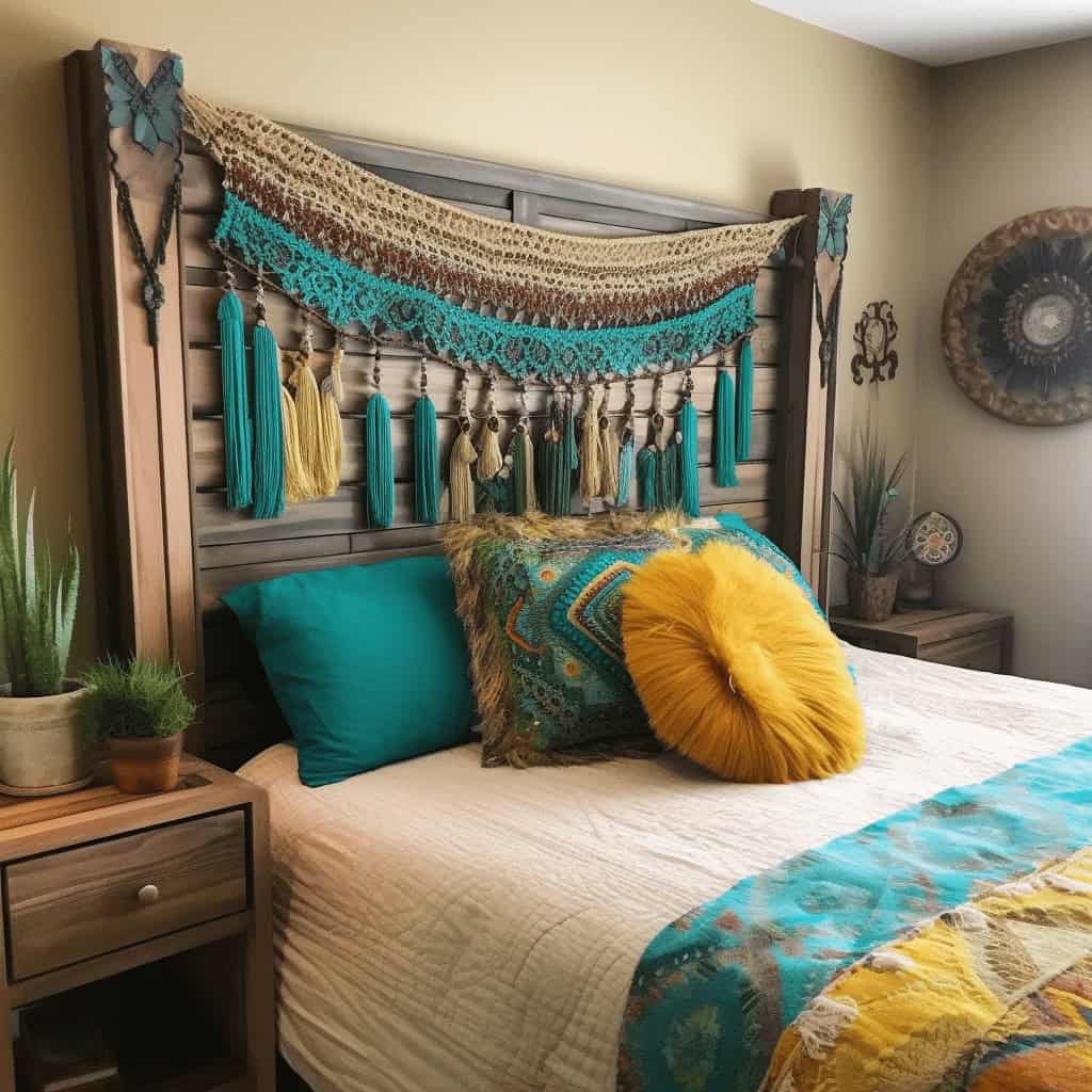 Kolorowe dekoracje na zagłówku łóżka, szeroka paleta tekstyliów w odcieniach turkusu i żółci, egzotyczny klimat sypialni z naturalnymi dodatkami i roślinami, styl boho, oryginalny wystrój wnętrz.