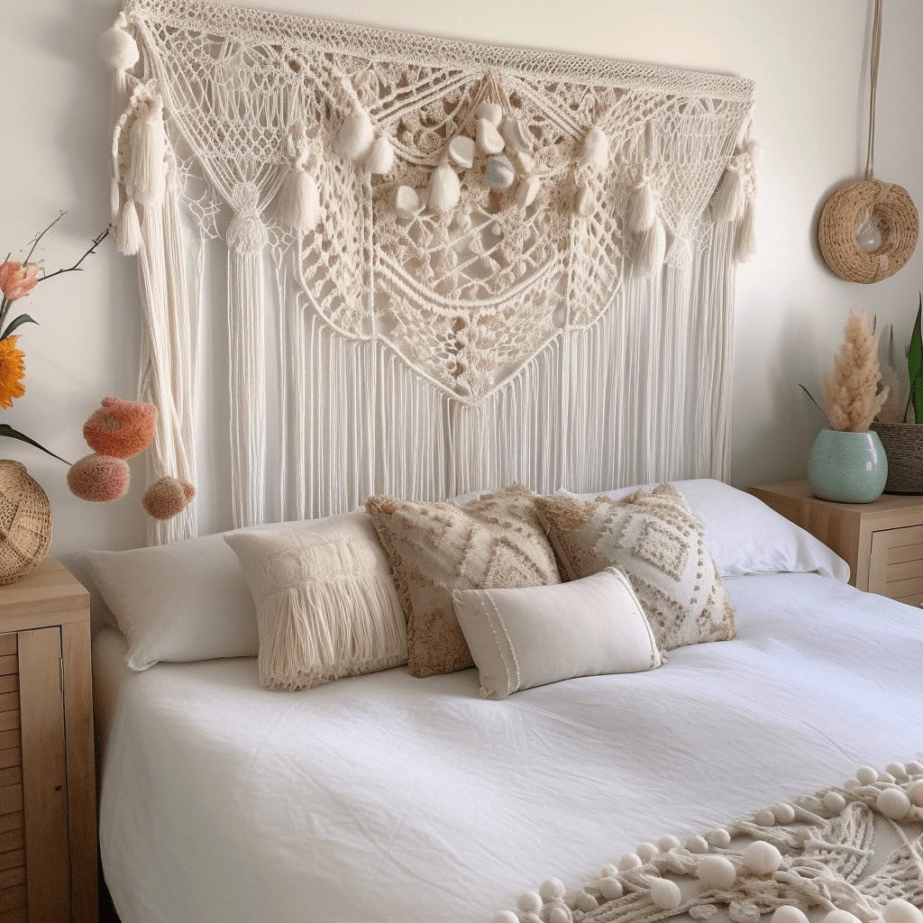 Aesthetic boho bedroom with macramé wall hanging and neutral decor, cozy bed with decorative pillows, natural materials, relaxing interior design, perfect for a tranquil home Oasis.