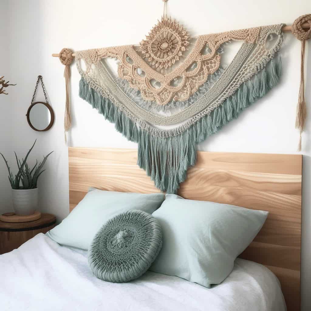 - Ręcznie robiona makramowa dekoracja na ścianę w sypialni, boho styl, naturalne materiały, ozdoba do wnętrz, unikalny design, dekoracja z makramy.