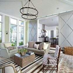 Stylowe wnętrze salonu w nowoczesnym stylu, duże okna, komfortowe meble, jasne kolory, naturalne światło, przytulna atmosfera, idealne do relaksu i spotkań.