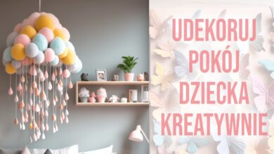 Kolorowa lampka z motywem chmur i kropelek, dekoracyjny pokój dziecka z półką pełną zabawek i rośliną, idealne miejsce do kreatywnych aranżacji pokoju dziecięcego.