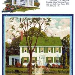 Przepiękny obraz domu z zielonym dachem i białymi oknami, otoczony drzewami i kolorowymi krzewami, idealny dla miłośników pięknej architektury i ogrodów.