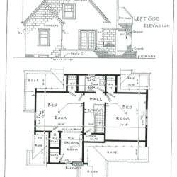 Szkic techniczny planu domu z podziałem na piętra i elewację, z oznaczeniem materiałów budowlanych takich jak dachówki, cegła i kamień, idealny do projektowania i wykończenia domu.