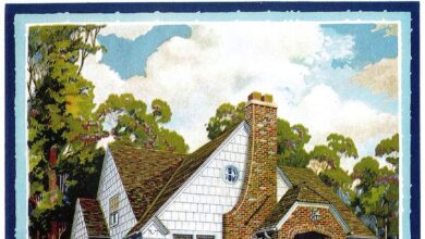 Kredowa ilustracja domku w stylu angielskim z czerwonym kominem i białą elewacją, otoczony zielonym ogrodem i drzewami, styl vintage, praca artystyczna, idealne do architektury i nieruchomości opcje.