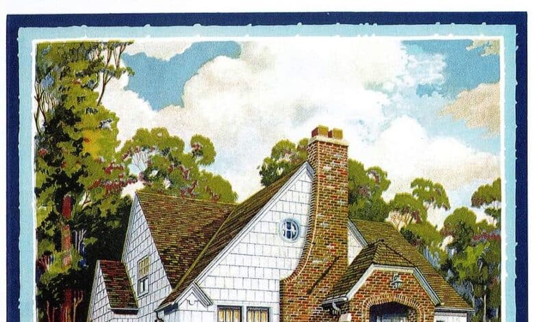 Kredowa ilustracja domku w stylu angielskim z czerwonym kominem i białą elewacją, otoczony zielonym ogrodem i drzewami, styl vintage, praca artystyczna, idealne do architektury i nieruchomości opcje.