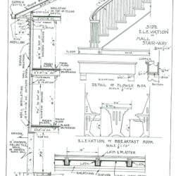 - Dokładny plan i przekrój konstrukcji schodów i balustrad drewnianych, uwzględniający detale techniczne i wymiarowe.