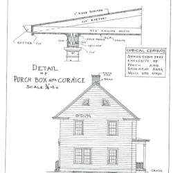 Porch box i detale konstrukcyjne drewnianej elewacji domu, szczegółowe rysunki projektu.