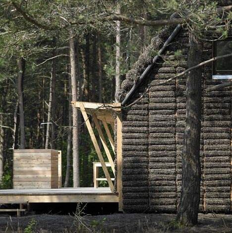 Nowa drewniana konstrukcja w lesie, budowa chaty z drewna, naturalne materiały, prace stolarskie w otoczeniu drzew, echo natury i ekologiczne rozwiązania.