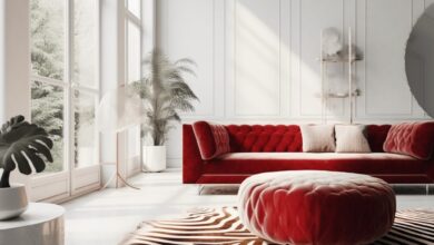 Elegancki salon z dużymi oknami, czerwonym sofą i stylowym nóżką, nowoczesne dekoracje, jasne wnętrza, inspiracje do aranżacji wnętrz, komfort i design, optymalne rozwiązania w dekoracji pomieszczeń.