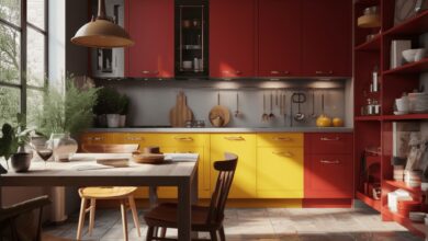Nowy, kolorowy kuchenny projekt z czerwonymi i żółtymi szafkami, przytulny i funkcjonalny, z dużym oknem i roślinami, idealny do którejś z przestrzeni mieszkalnych.