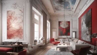 Nowoczesny elegancki salon z dużymi oknami, czerwonymi akcentami i stylowymi obrazami, wykończony klasyczną sztuką malarską, oferujący luksusowe wnętrze i komfortowy klimat.