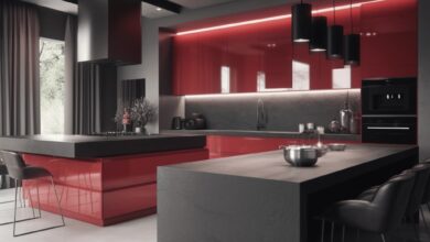 Nowa kuchnia w stylu nowoczesnym z czerwonymi i czarnymi akcentami, minimalistyczny design, wysokiej jakości materiały, idealna do eleganckich wnętrz kuchennych.