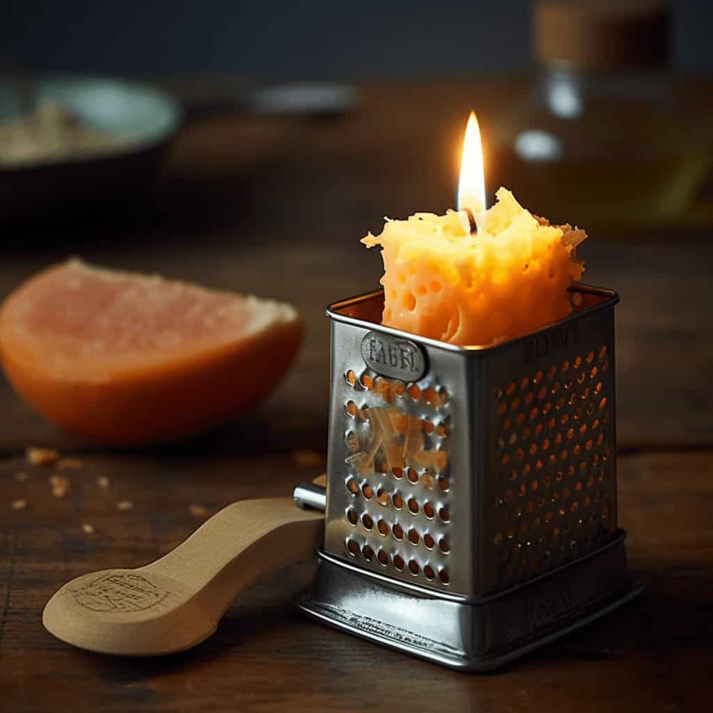 Świeczka z serem żółtym w kratce, na drewnianej powierzchni, obok kawałek grejpfruta, w ciepłym oświetleniu, idealne na stworzenie przytulnej atmosfery, naturalny produkt do zdrowego stylu życia.
