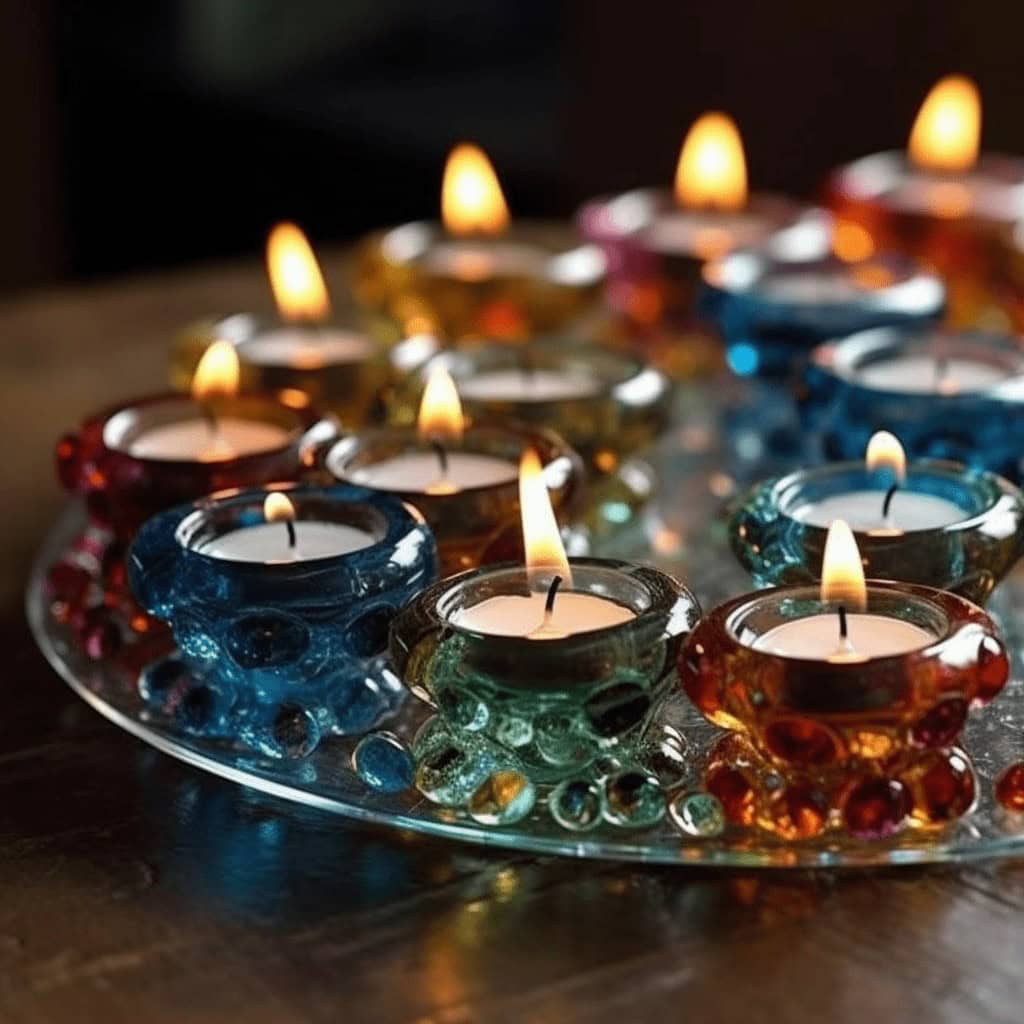 Kolorowe świeczki w szklanych ozdobnych miejscach, tworzą ciepłą i relaksującą atmosferę. Idealne na romantyczne wieczory, eleganckie dekoracje lub chwile relaksu w domu. 풍.