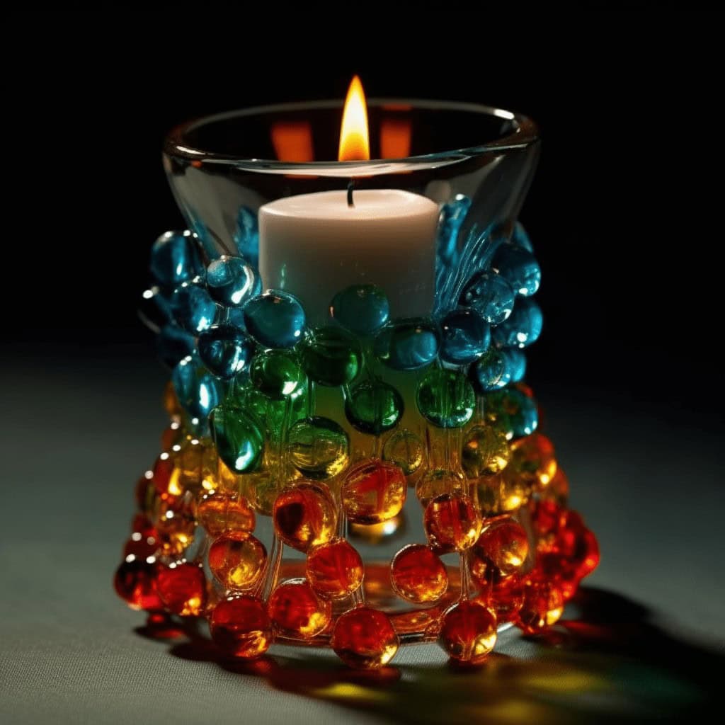 Kolorowa świeca w szklanym kielichu z ornamentami z kolorowych kryształków, idealna do stworzenia przytulnej atmosfery, relaksu i optymalnej energii w domu lub biurze.