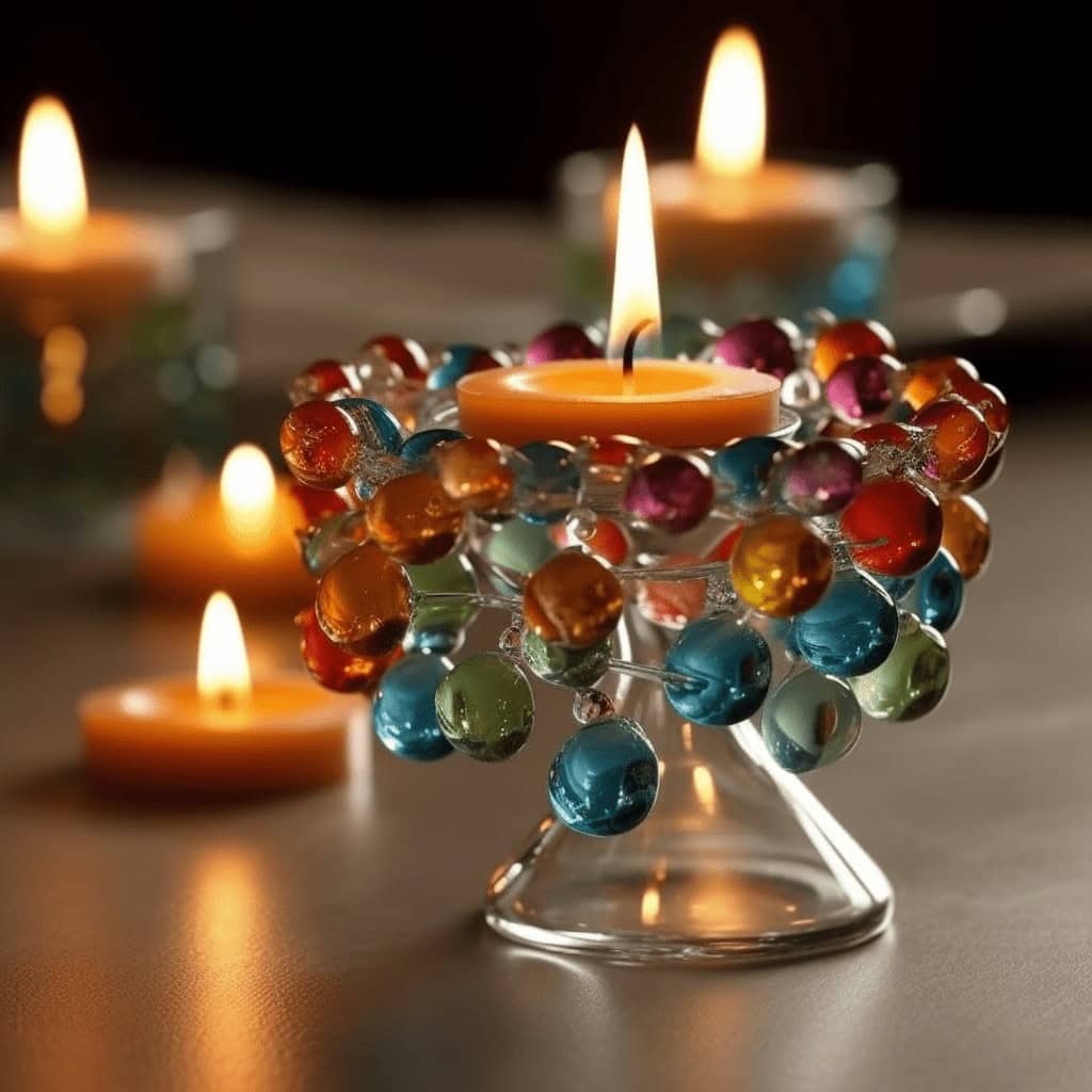 Kolorowe świece ozdobne w szklanym naczyniu na tle złotego światła, idealne do dekoracji wnętrz i relaksu, kreują przytulny klimat.