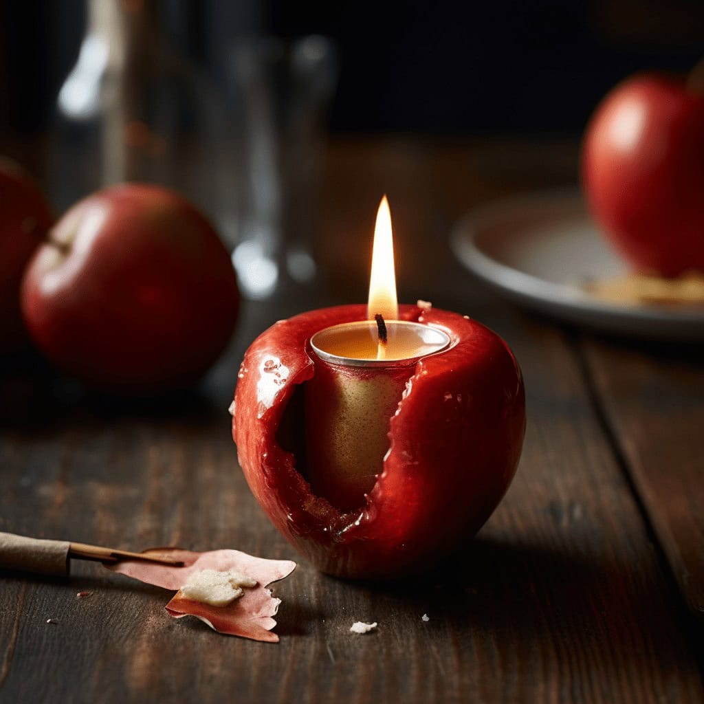 świeca w kształcie jabłka z płomieniem, romantyczny klimat, dekoracja stołu, jesienne akcenty, elegancka aranżacja na romantyczne okazje.