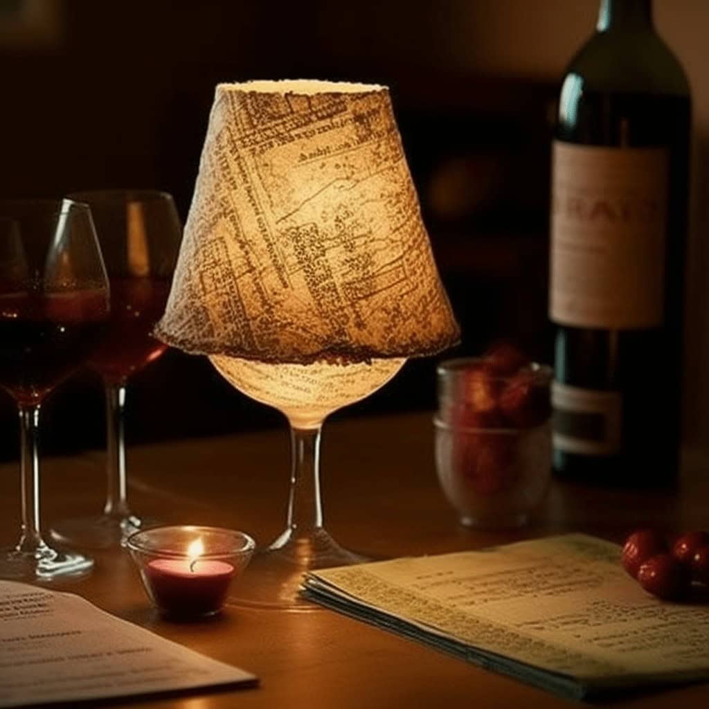 Lampka stołowa z abałurzem przypominającym mapę, otoczona kieliszkami i książkami na ciepłym, przytulnym stole. Idealna do relaksu i dobrej lektury w kameralnej atmosferze.