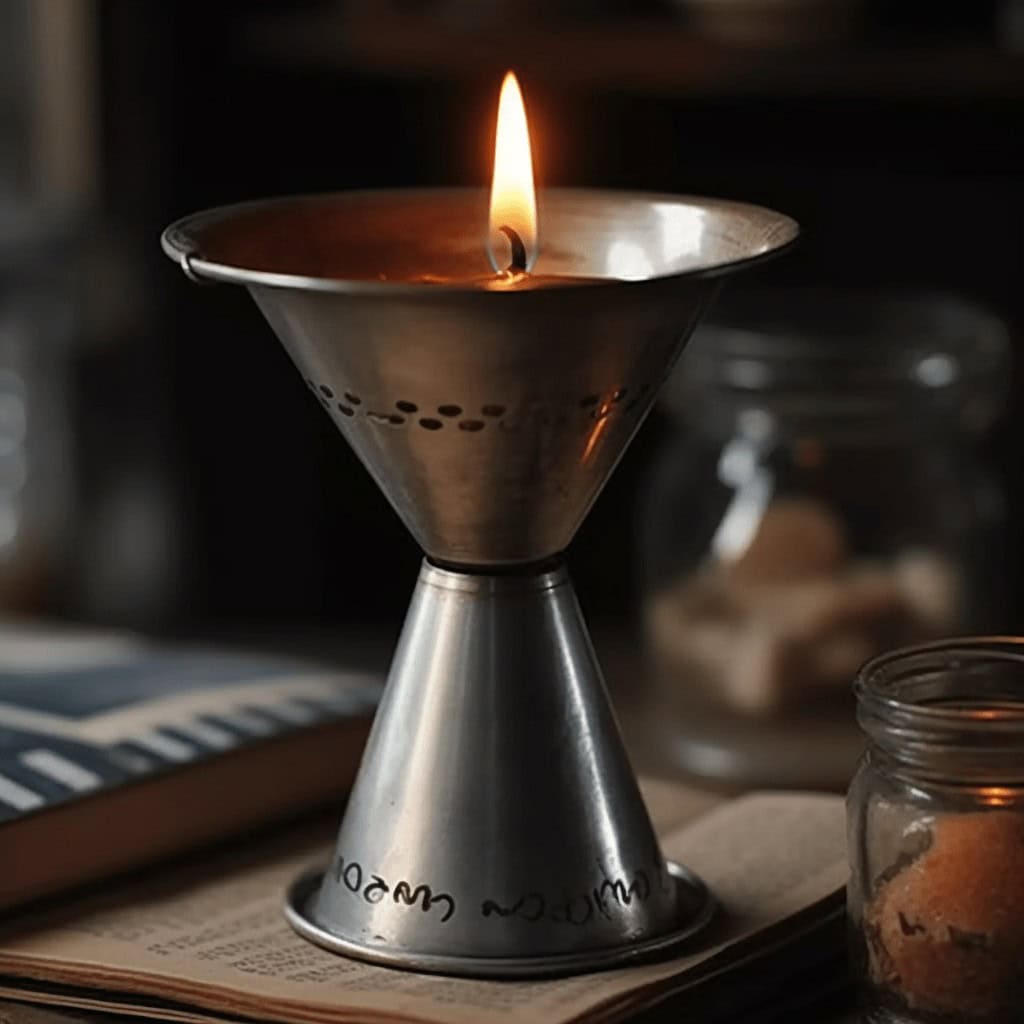 Pokojowa świeca w stylu lampy, symbolizująca spokój i refleksję, dekoracyjny element wnętrza, tworzący ciepły nastrój, odpowiednia na wieczory relaksacyjne i medytację, elegancka i funkcjonalna dekoracja domu.