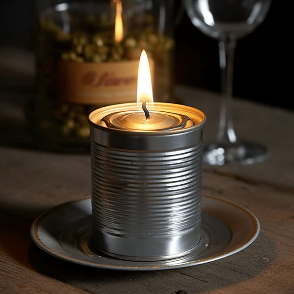 świeca w puszce, elegancki rustykalny dekoracja na święta, romantyczny klimat, ciepłe światło, atmosfera relaksu, elegancka aranżacja wnętrza, dekoracja stołu, nastrojowe oświetlenie, domowa elegancja, zestaw na romantyczną kolację, unikalny dodatek do wnętrza.