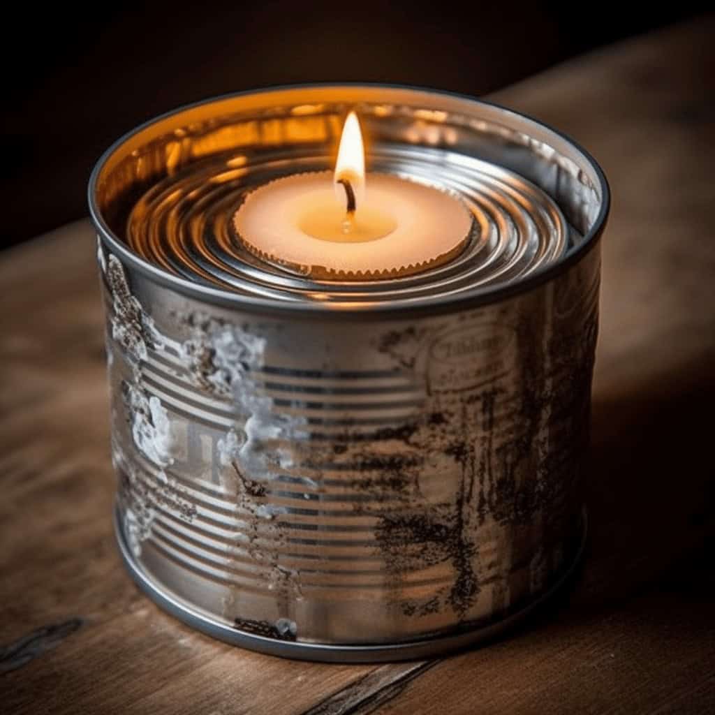 Pusty świecznik z płonącą świecą, klimat relaksu i spokoju, świeca w puszce, ciepłe światło na stole, dekoracja wnętrza, nastrój komfortu i wyciszenia, optymalny klimat domowy, element dekoracji wnętrz, przytulny klimat, nastrój relaksu i wyciszenia.