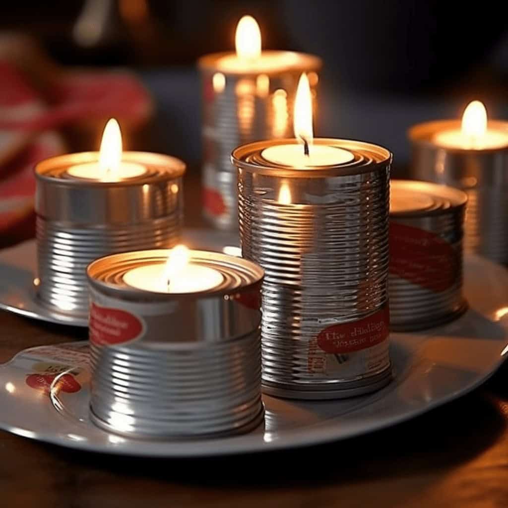 Świece w puszkach na świątecznym stole, tworzą ciepłą atmosferę i relaksujący nastrój. Idealne do relaksu, dekoracji i ciepłych wieczorów w domu.