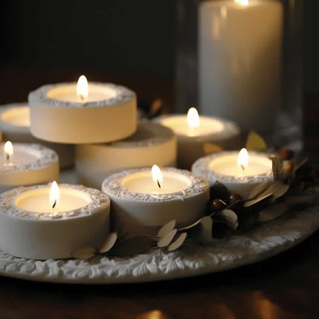 Ciekawe świece zapachowe na tealight na ozdobnej tacy, relaksująca atmosfera, dekoracja wnętrz, stylowe dodatki do domu, eleganckie elementy wystroju wnętrz.