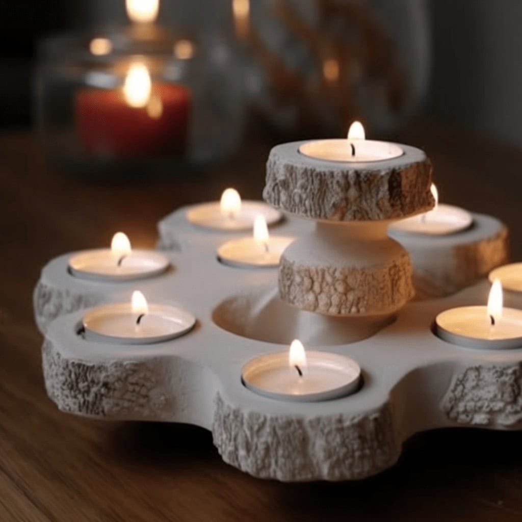 świeczki dekoracyjne na kamiennym podstawkach, przytulne świece na stole, nastrojowy klimat, oświetlenie wnętrz, eleganckie dekoracje na różne okazje, naturalny styl, romantyczna atmosfera, produkty dla dekoracji domu, relaks i wyciszenie, elegancja w aranżacji wnętrz.