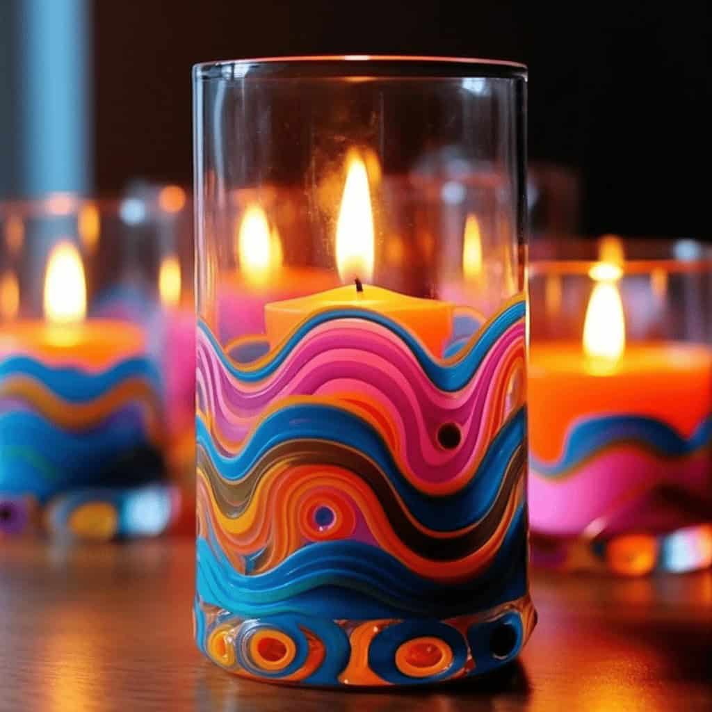 Kolorowa świeca w szklanym lampionie, ręcznie malowana z abstrakcyjnym wzorem, idealna na romantyczny wieczór, dekoracja domu i relaks przy ciepłym świetle.