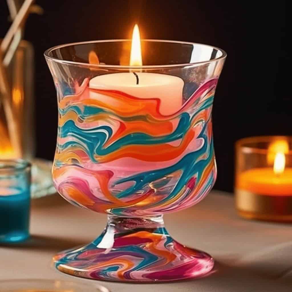 Kolorowa świeca w szklanej osłonce z marbled design, tworząca ciepłą i przytulną atmosferę, idealna na wieczór relaksu, romantyczny nastrój lub dekoracja wnętrza.