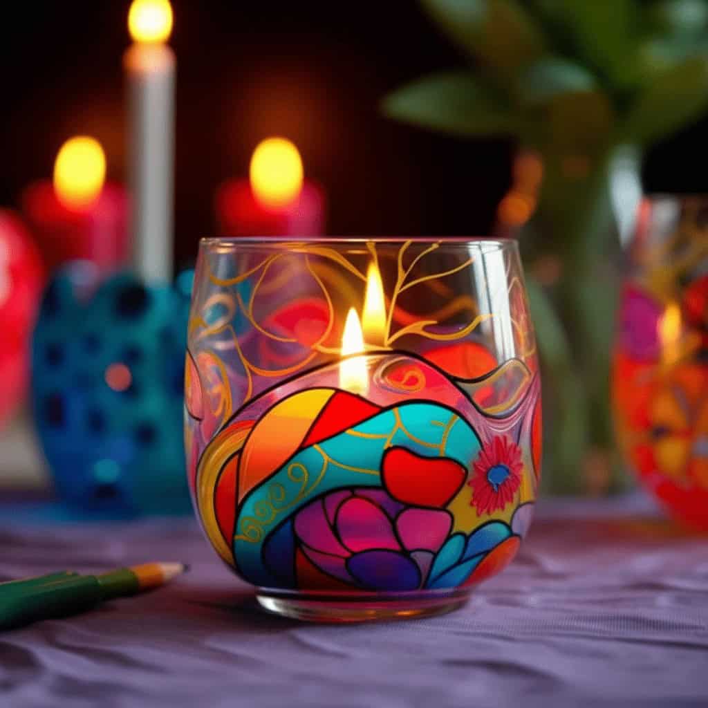 Kolorowa świeca w szklanym lampionie, ręcznie malowana z motywami serca i kwiatów, tworząca ciepłą i relaksującą atmosferę, idealna na wyjątkowe okazje i wieczory relaksacyjne.