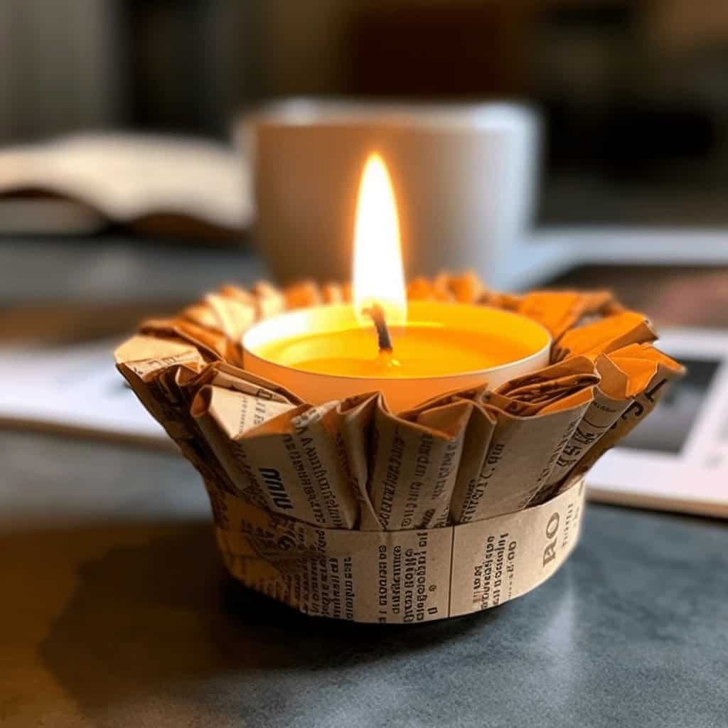 Podświetlona świeca w ozdobnej osłonie z gazet, na tle kubka i książki, idealna na spokojny wieczór.