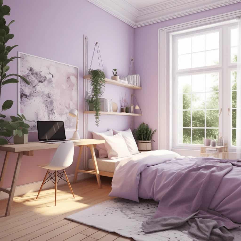 Przytulne, jasne wnętrze sypialni w pastelowych odcieniach różu i bieli z dużym oknem i dekoracyjnymi roślinami, idealne do relaksu i odpoczynku.