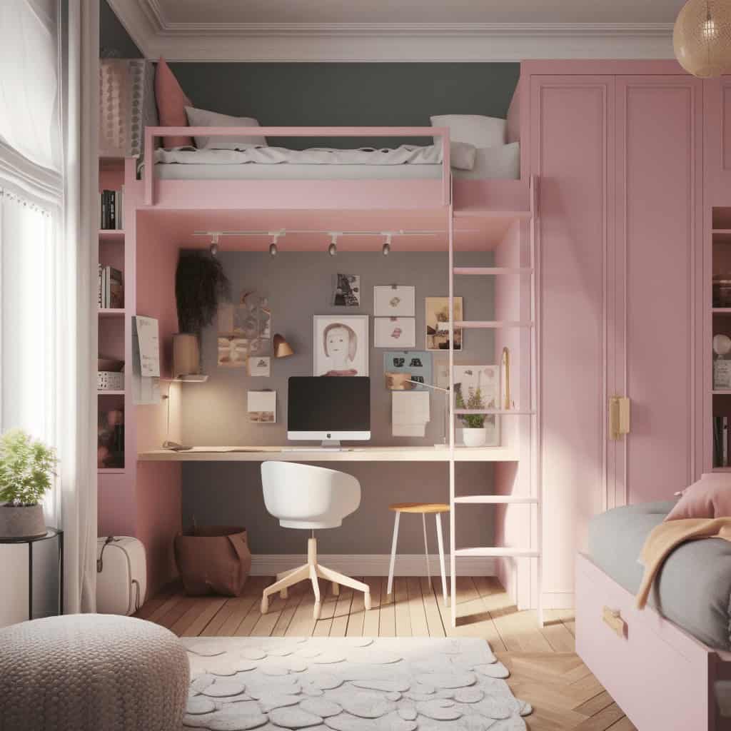Przytulny pokój młodzieżowy z atypowym łóżkiem na antresoli i strefą do nauki, w jasnych pastelowych kolorach, idealny do rozwoju i relaksu.