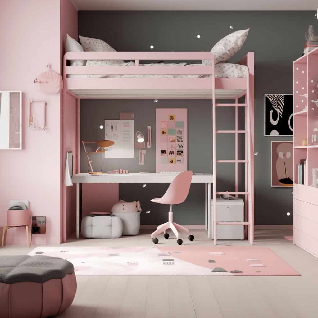 Przytulny pokój dziecięcy z łóżkiem na antresoli, biurkiem i designerskimi elementami, idealny dla kreatywnych dzieci, modny w pastelowych kolorach, inspiracja do aranżacji wnętrz dziecięcych.