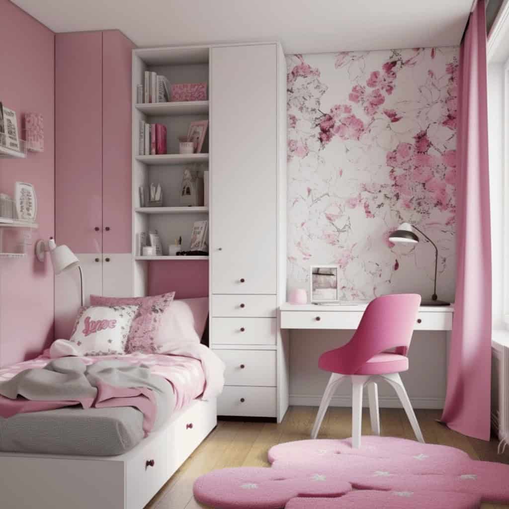 Różowa sypialnia dziecięca z biurkiem i regałem, jasne wnętrze z kwiatowym motywem, romantyczna dekoracja, elegancki pokój dla dziewczynki, przytulne aranżacje wnętrz, design dla małej księżniczki.