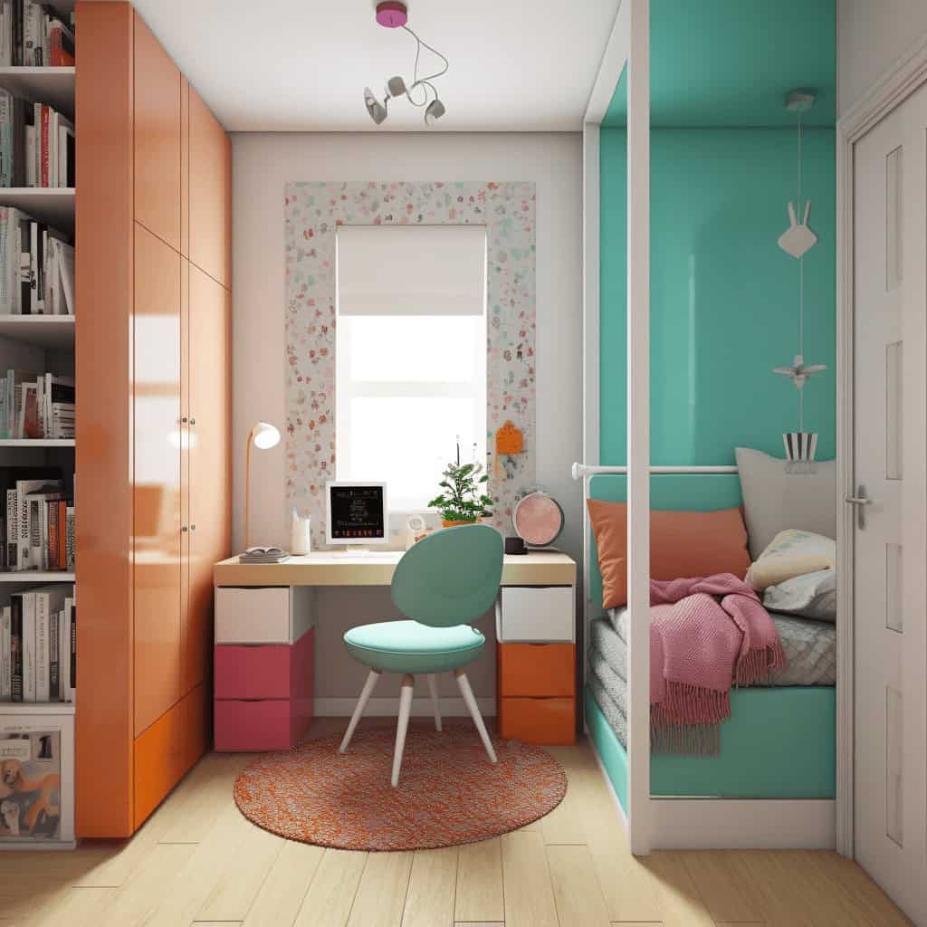 Przytulne biuro dziecięce z biurkiem, regałem i miejscem do nauki, idealne do nauki i odpoczynku, nowoczesna aranżacja pokoju młodzieżowego, optymalizacja przestrzeni dla dzieci.