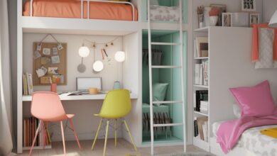 Biurko i łóżko w pokoju dziecięcym, nowoczesny design, kreatywne rozwiązania, funkcjonalna przestrzeń dla dzieci, meble do pokoju młodzieżowego, inspiracje aranżacji pokoju dziecięcego.