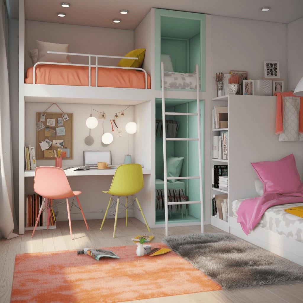 Biurko i łóżko w pokoju dziecięcym, nowoczesny design, kreatywne rozwiązania, funkcjonalna przestrzeń dla dzieci, meble do pokoju młodzieżowego, inspiracje aranżacji pokoju dziecięcego.