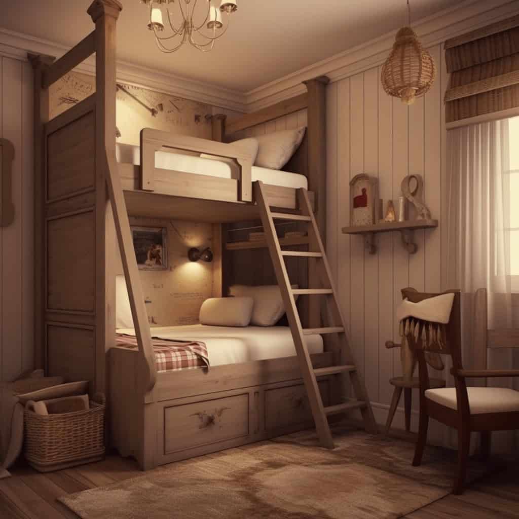 Naturalne łóżko piętrowe z drewna w przytulnym pokoju dziecięcym, stylowa aranżacja z elementami skandynawskimi, komfortowa przestrzeń do wypoczynku dla dzieci.