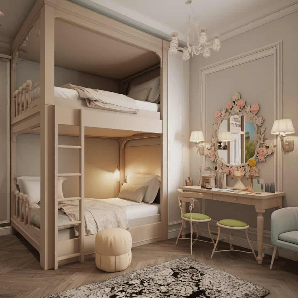 Przytulne, eleganckie wnętrze dziecięce z łóżkiem piętrowym, stylową ozdobą i lampami, idealne do relaksu i zabawy w domu rodzinnym.