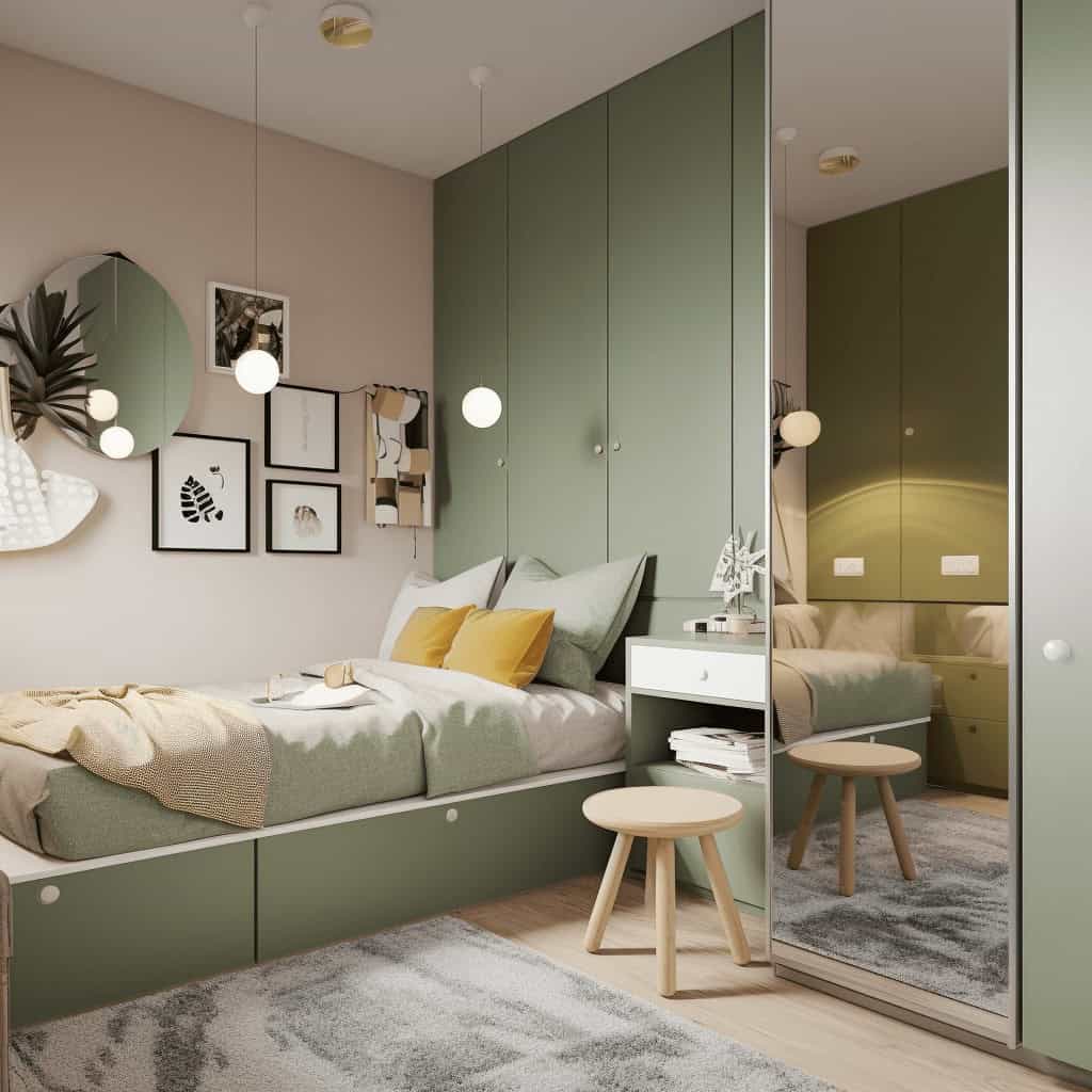 Nowy pokój dziecięcy w nowoczesnym stylu z zielonymi szafkami, ozdobami i dekoracjami w pastelowych kolorach, idealny do aranżacji wnętrz dla dzieci.