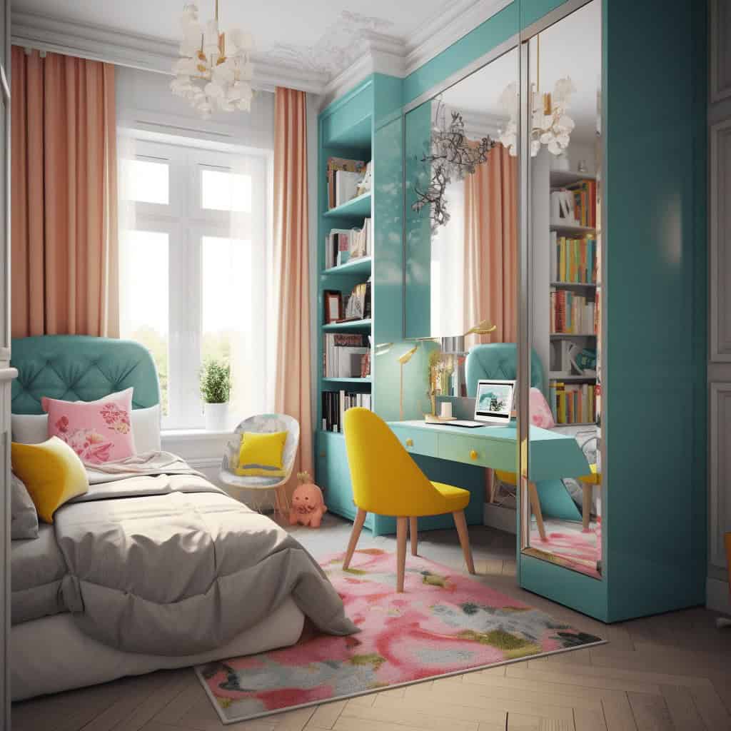 Kolorowe, nowoczesne wnętrze sypialni z biurkiem i szafami na wymiar, pastelowe kolory, duże okno, przytulna atmosfera, idealna dla dzieci i młodzieży.