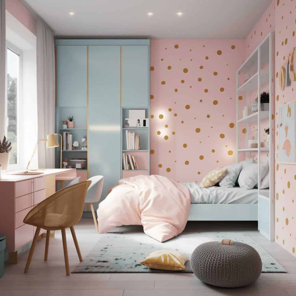 Przytulny pokój dziecięcy w pastelowych kolorach z różową i niebieską ścianą, łóżkiem z miękkimi poduszkami, biurkiem i regałem z dekoracjami, idealny do nauki i wypoczynku dla dzieci.
