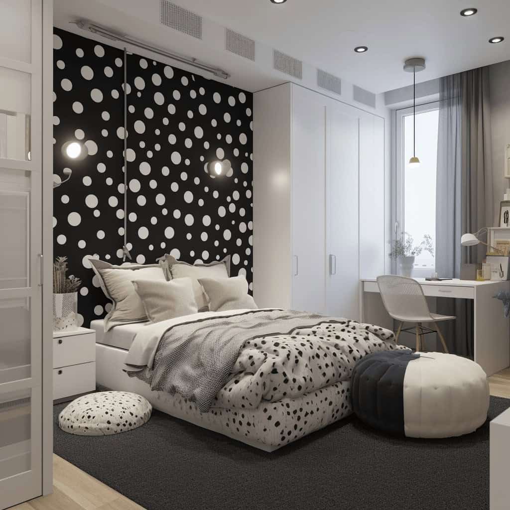 Czarno-biała sypialnia, minimalistyczny wystrój, nowoczesny design, sypialnia z funkcjonalnym biurkiem, stylowe dodatki, komfortowe miejsce do odpoczynku, aranżacja wnętrza, optymalna przestrzeń, elegancki wystrój, wygoda i styl, PaniDyrektor.pl.