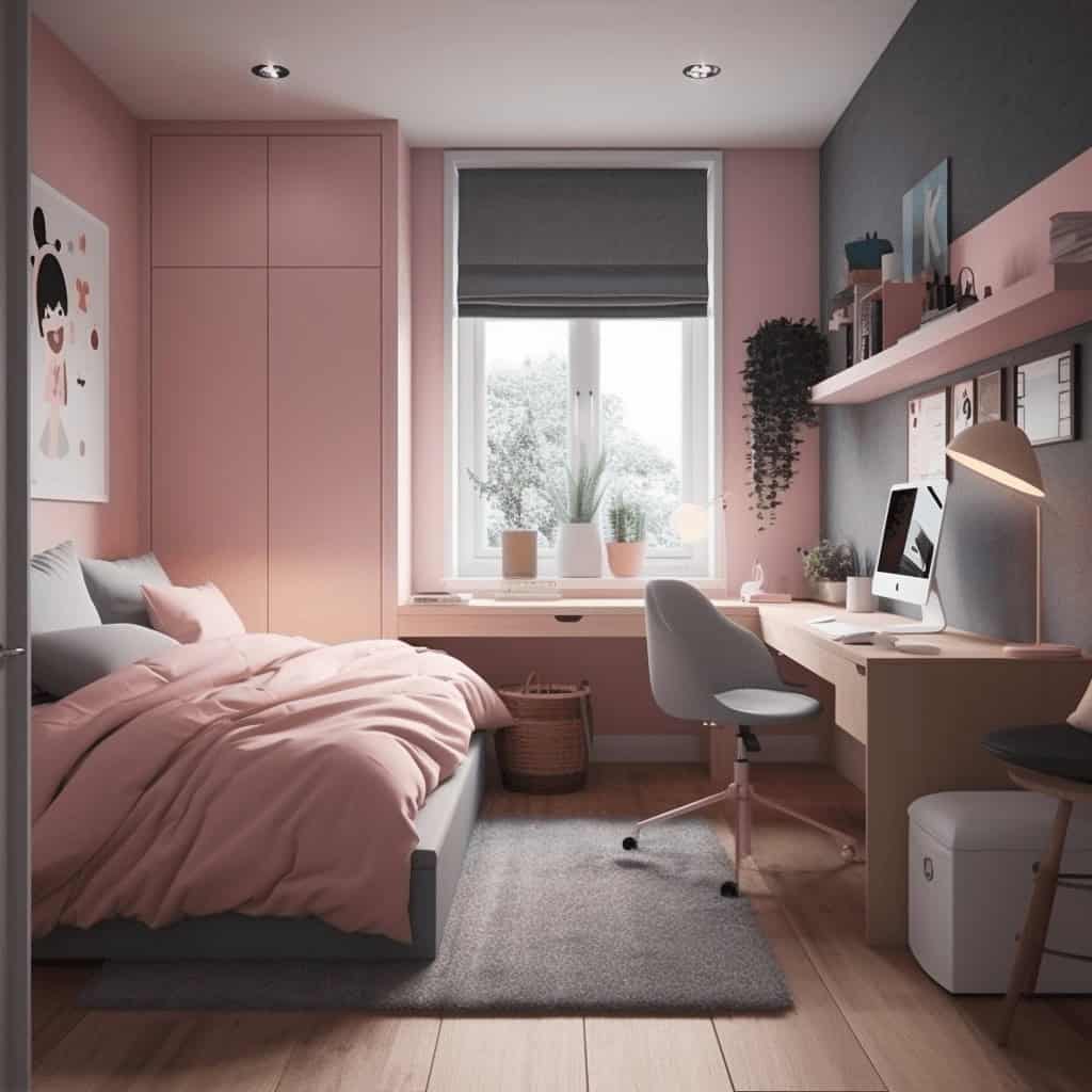 Przytulny pokój dzienny z nowoczesnym miejscem do nauki i pracy w pastelowych kolorach, naturalne światło, funkcjonalny design, idealny dla osób ceniących komfort i estetykę w domu.